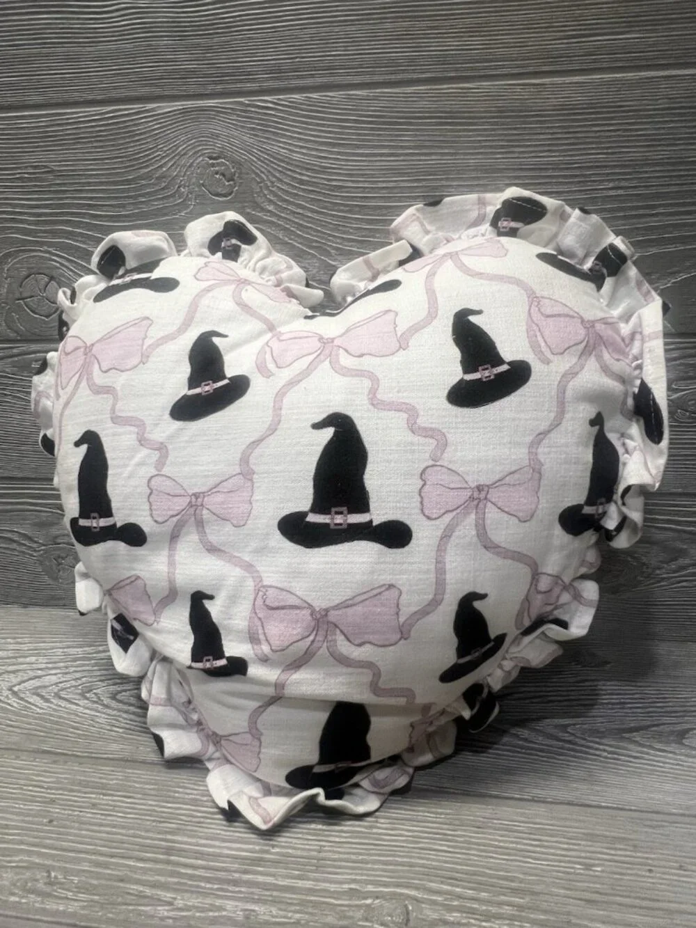 Heart Shaped Witch Hat and Bows Print Pillow Pink & Black Ruffle Trim 14”